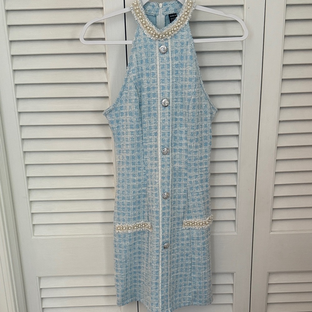 Light Blue Sleeveless Tweed Dress with Pearl Details